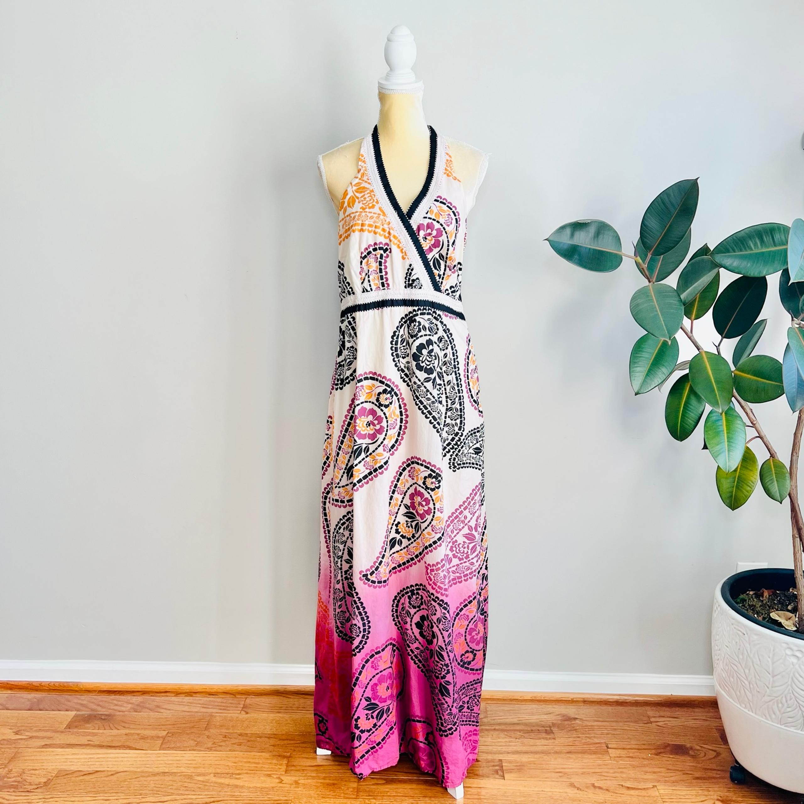 Style & Co Halter Maxi Dress Women’s 14 Floral Eyelet Empire Waist Boho Hippie