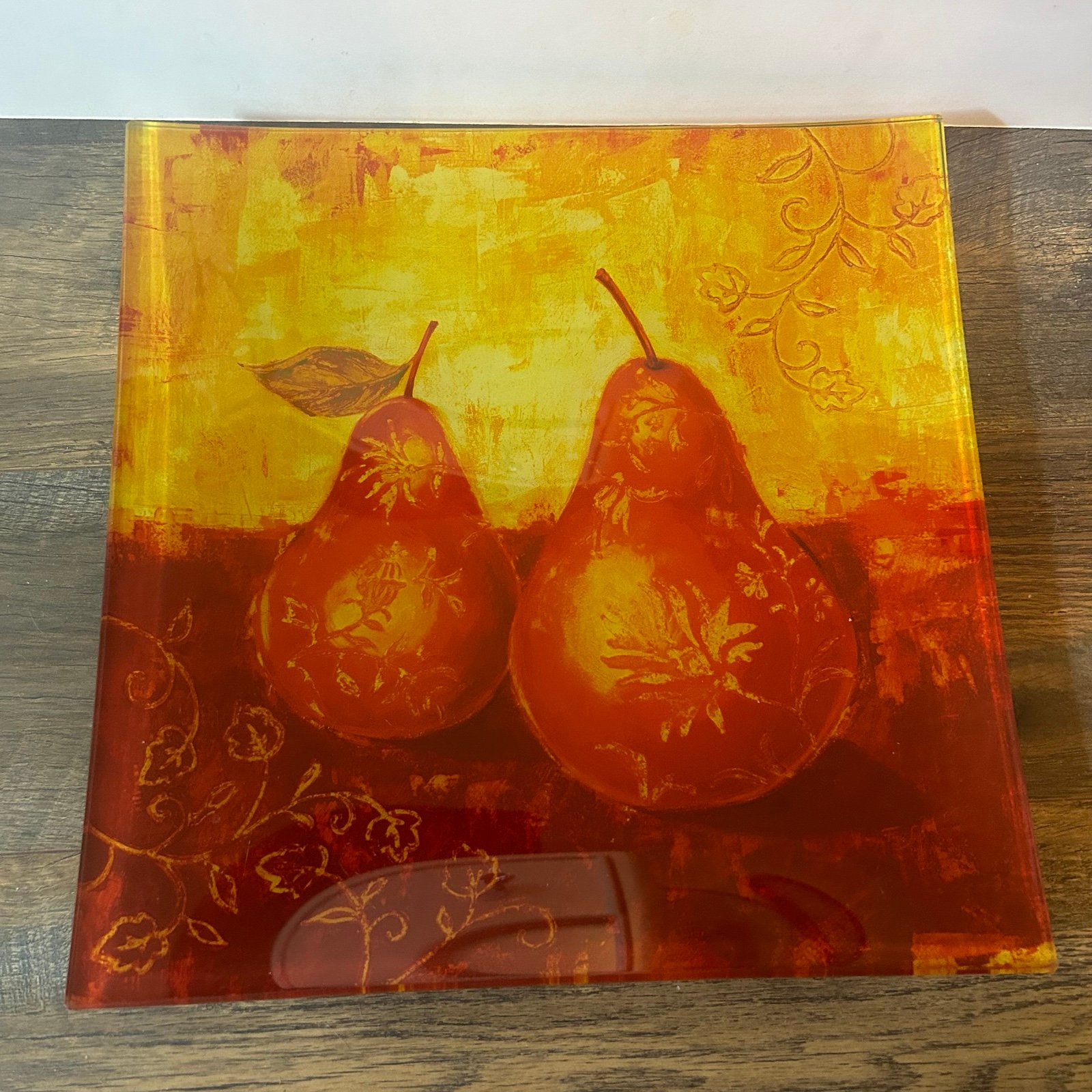 Glass Floral Pear Serving Platter Plate Orange Yellow 14” Square Decor
