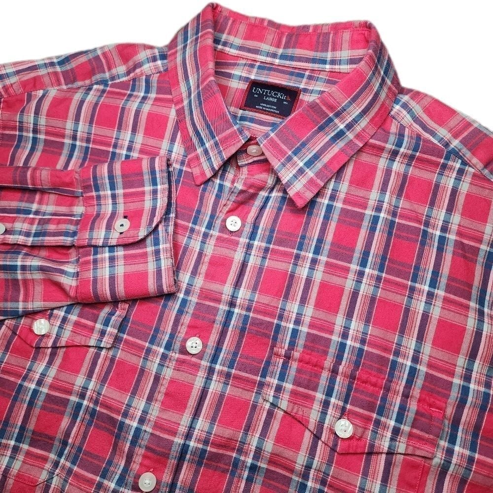 Untuckit Mens Large Red & Blue Plaid Double Breast Pocket Long Sleeve Button Up