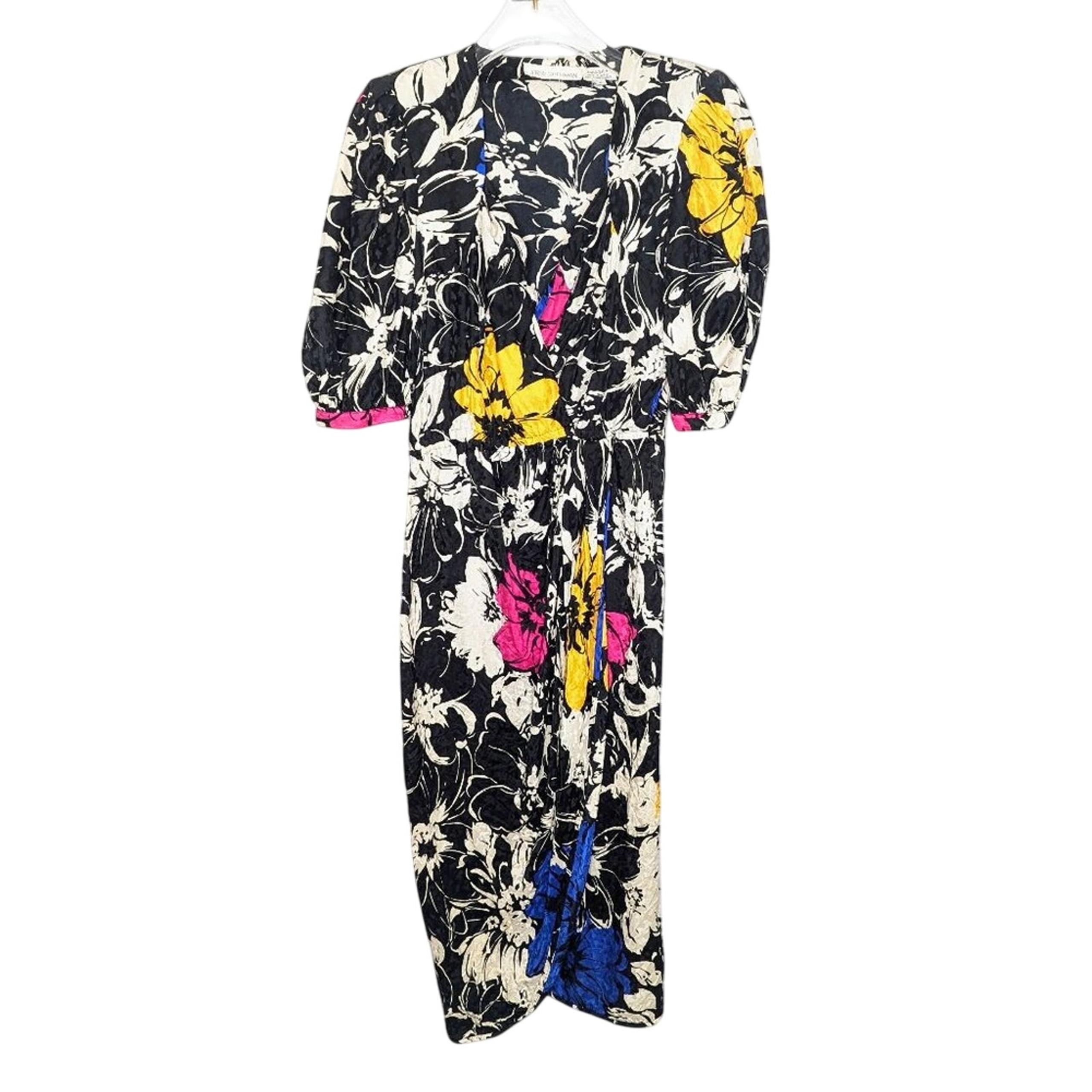 Vintage Jerri Sherman Bold Graphic Floral Print Silk Dress Black White Midi