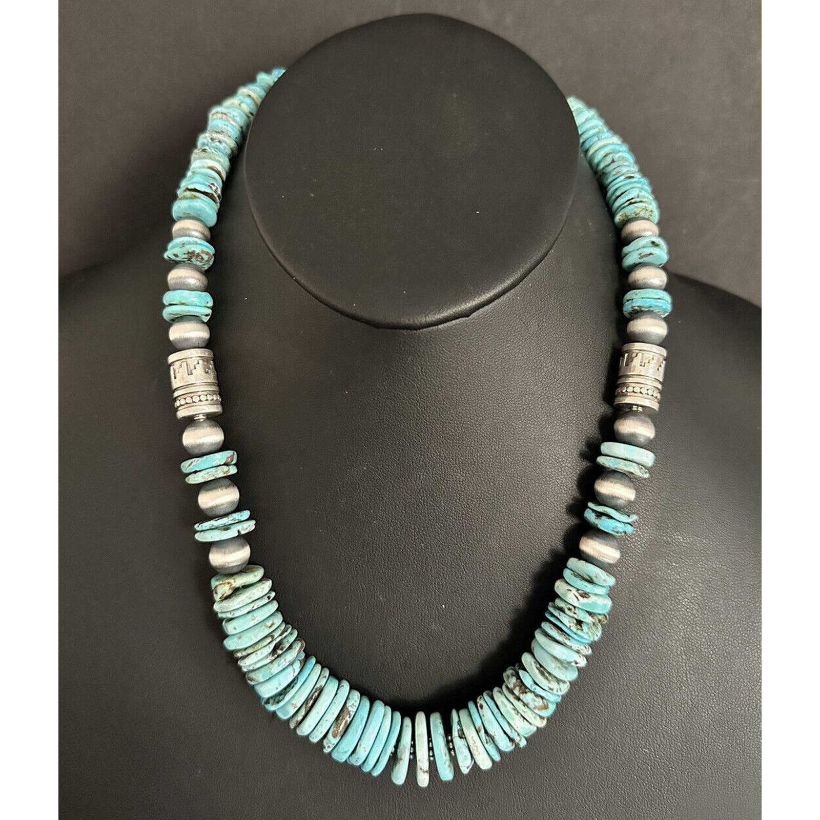 Sterling Silver Graduated Blue Turquoise Pearls Bead Necklace. 20 inch