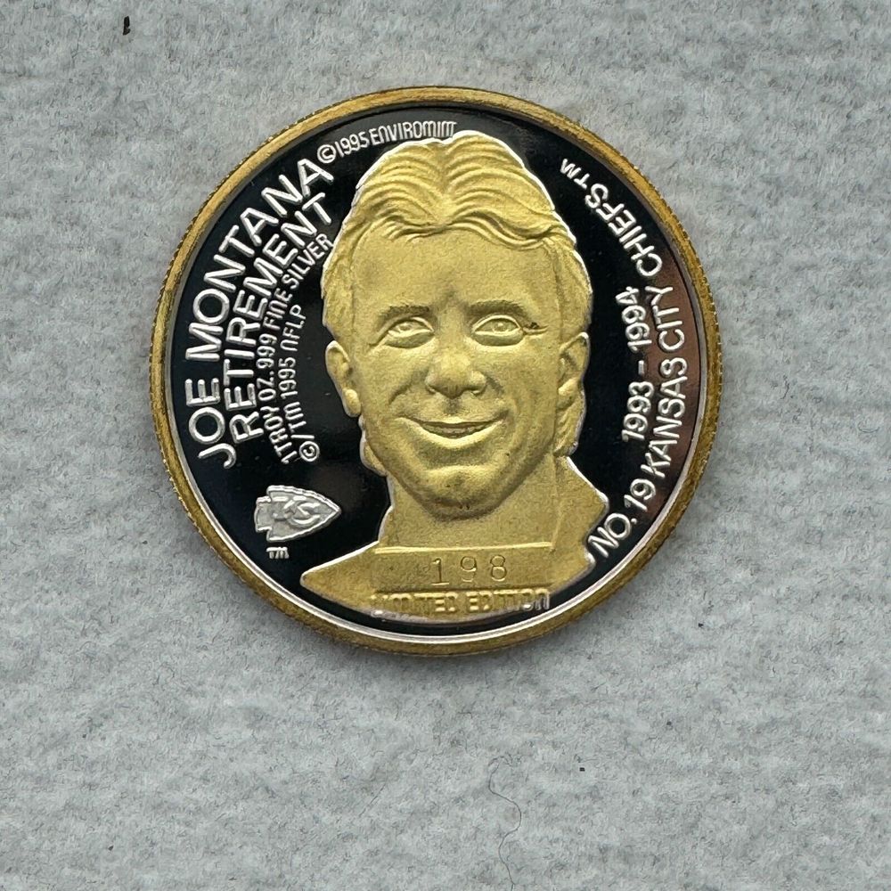 JOE MONTANA 49ERS ENVIROMINT RETIREMENT ROUND 999 SILVER COIN 24KT GOLD 1/1995