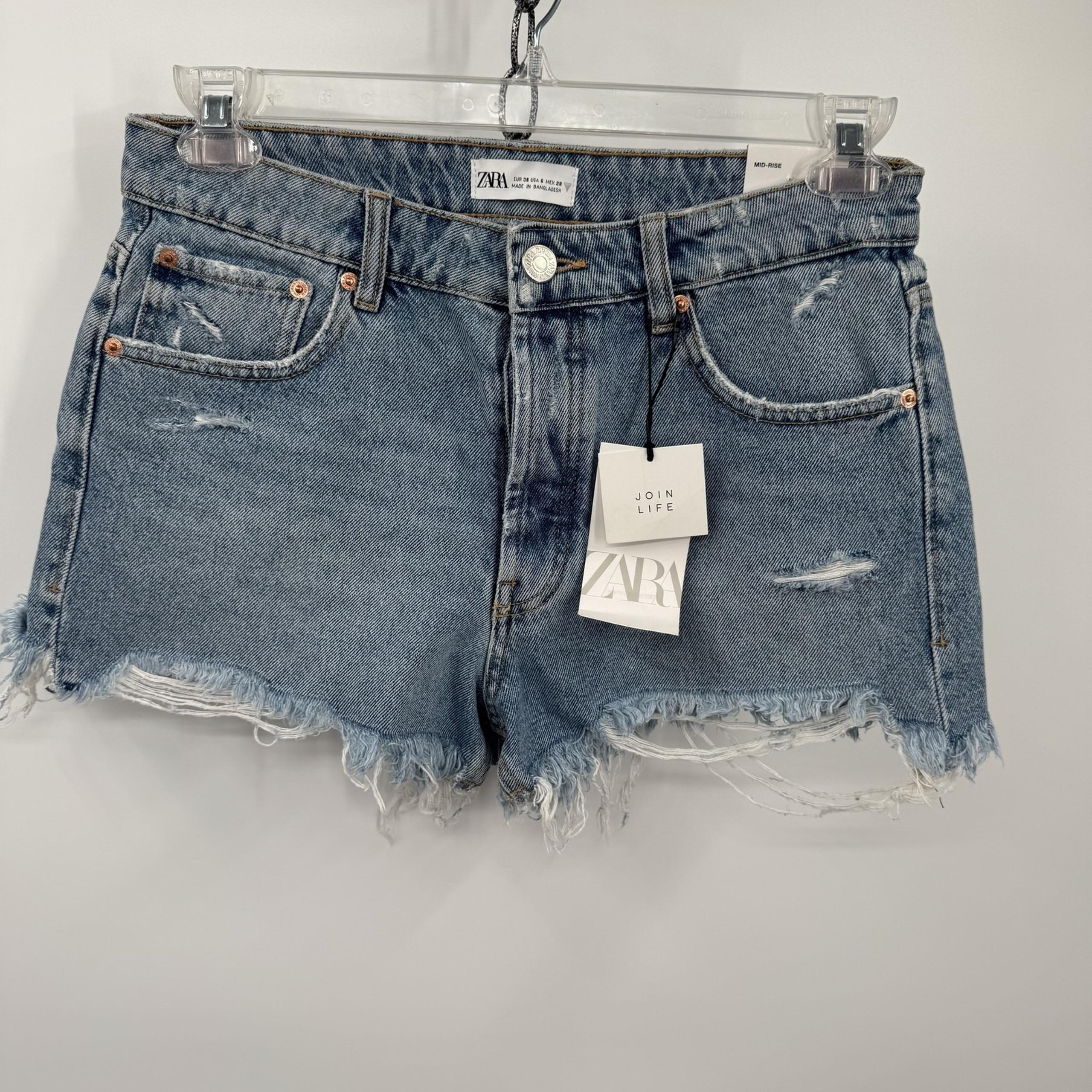 Zara Denim Shorts Womens 6 Distressed Mid Rise Frayed Hem Button Fly Booty New
