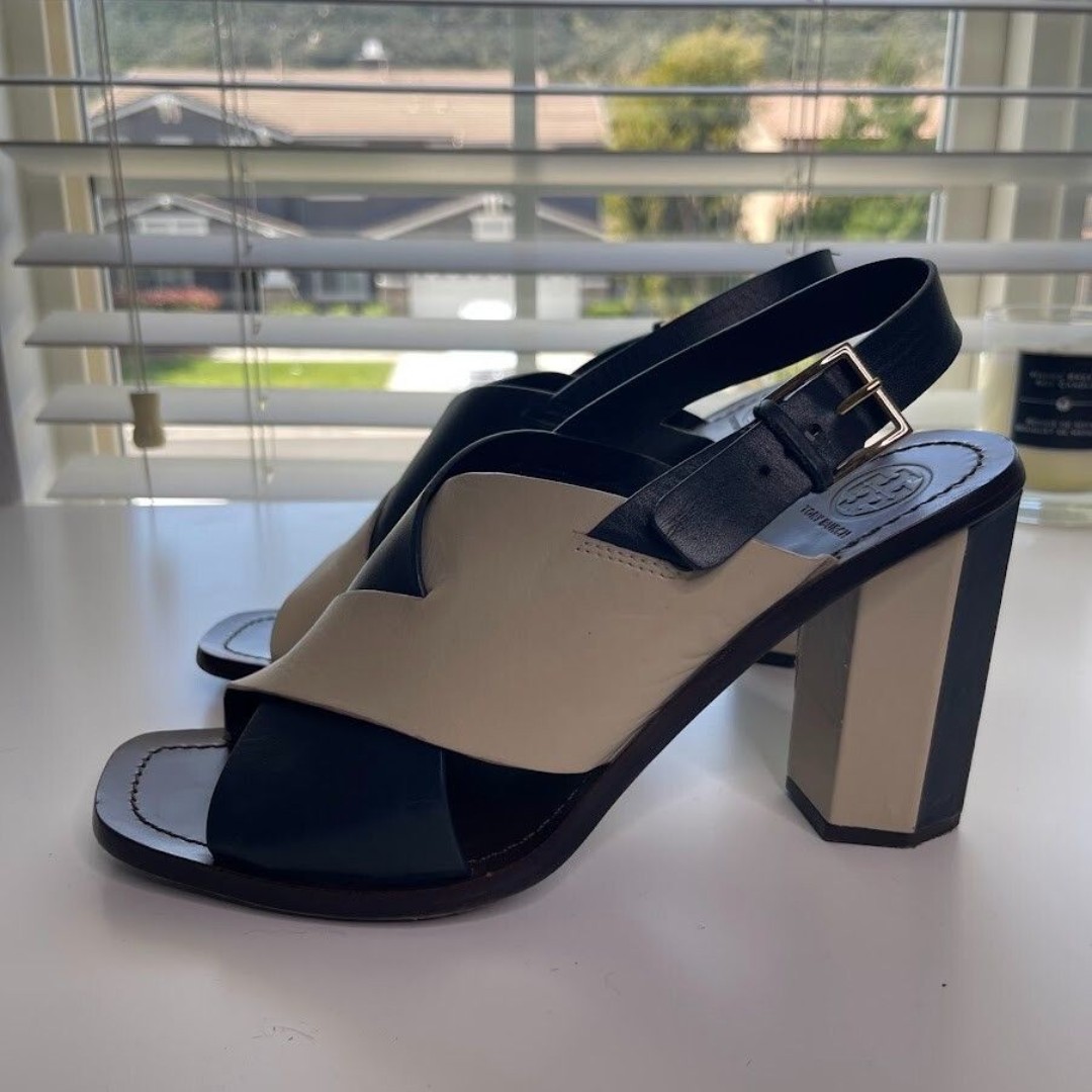 Tory Burch Sandals 10M Leather Bleecker Colorblock Open Toe Heels Old Money Luxe