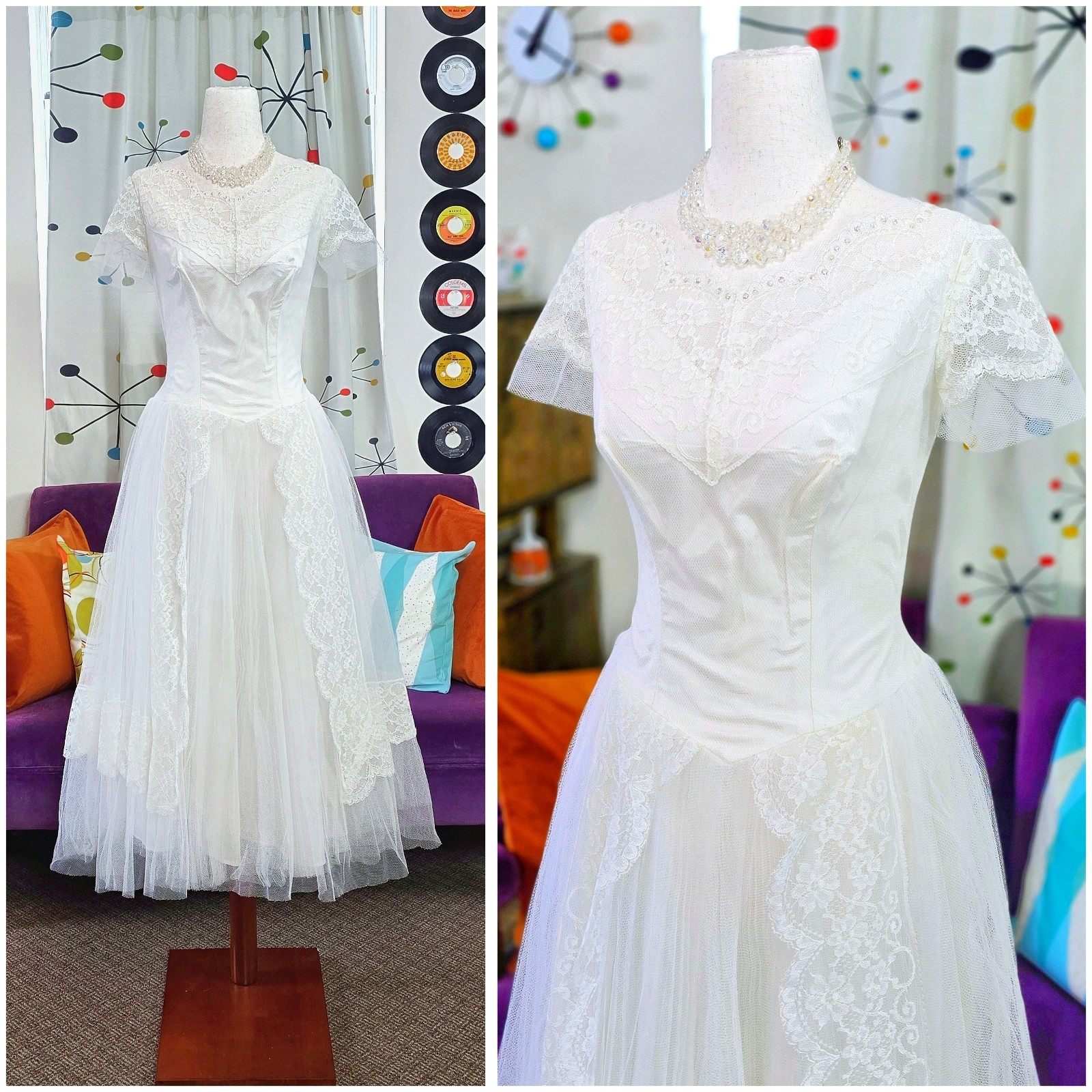 1950s Vintage Wedding Dress 50s Cupcake Veil Tiara Gloves Small Medium S/M Bride