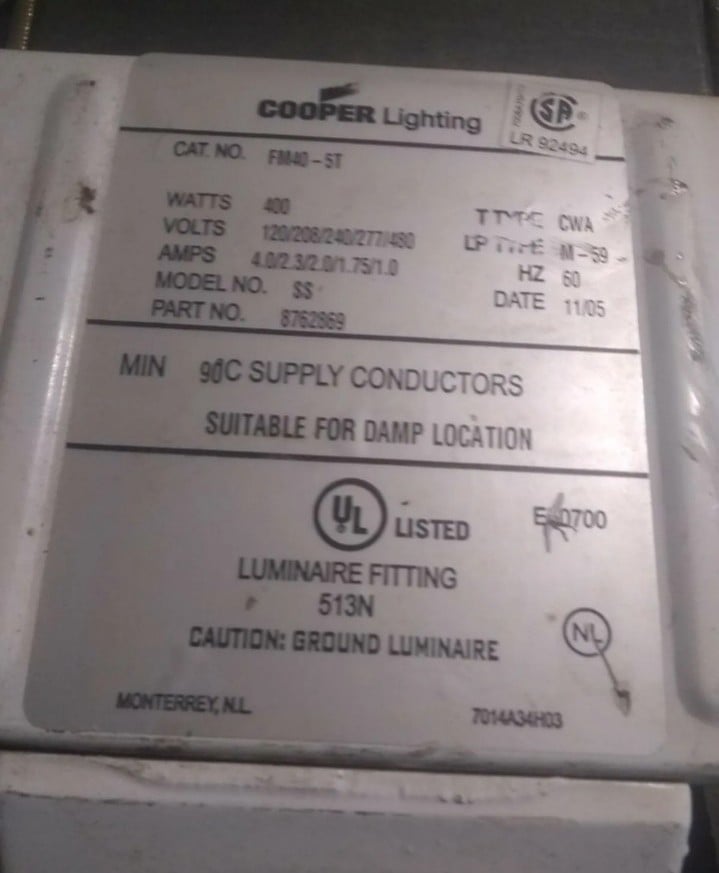 COOPER LIGHT  FM40-5T MPEP 400W for High Bay Lights.