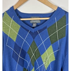 Lyle & Scott Men's 100% Combed Cotton V-Neck Sweater Blue/Green Argyle • Large