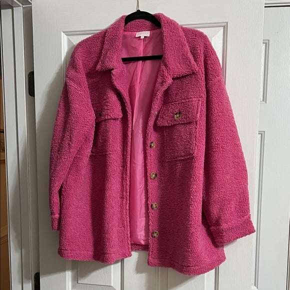Entro Pink Sherpa Button Down Jacket with Pockets and Tortoise Buttons Medium