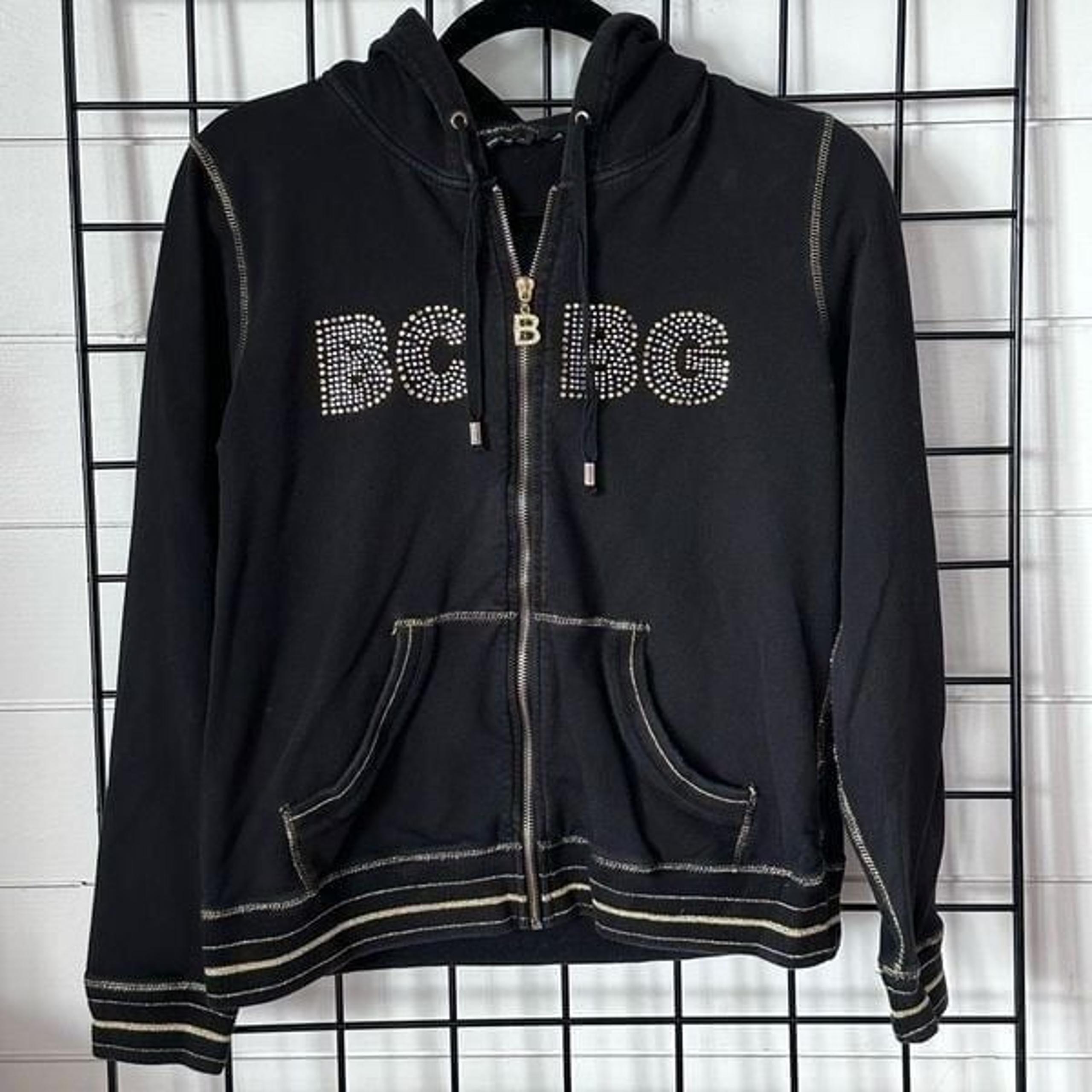 BCBGMaxazria Rhinestone Studded Full Zip Hoodie Jacket Womens L Black Gold