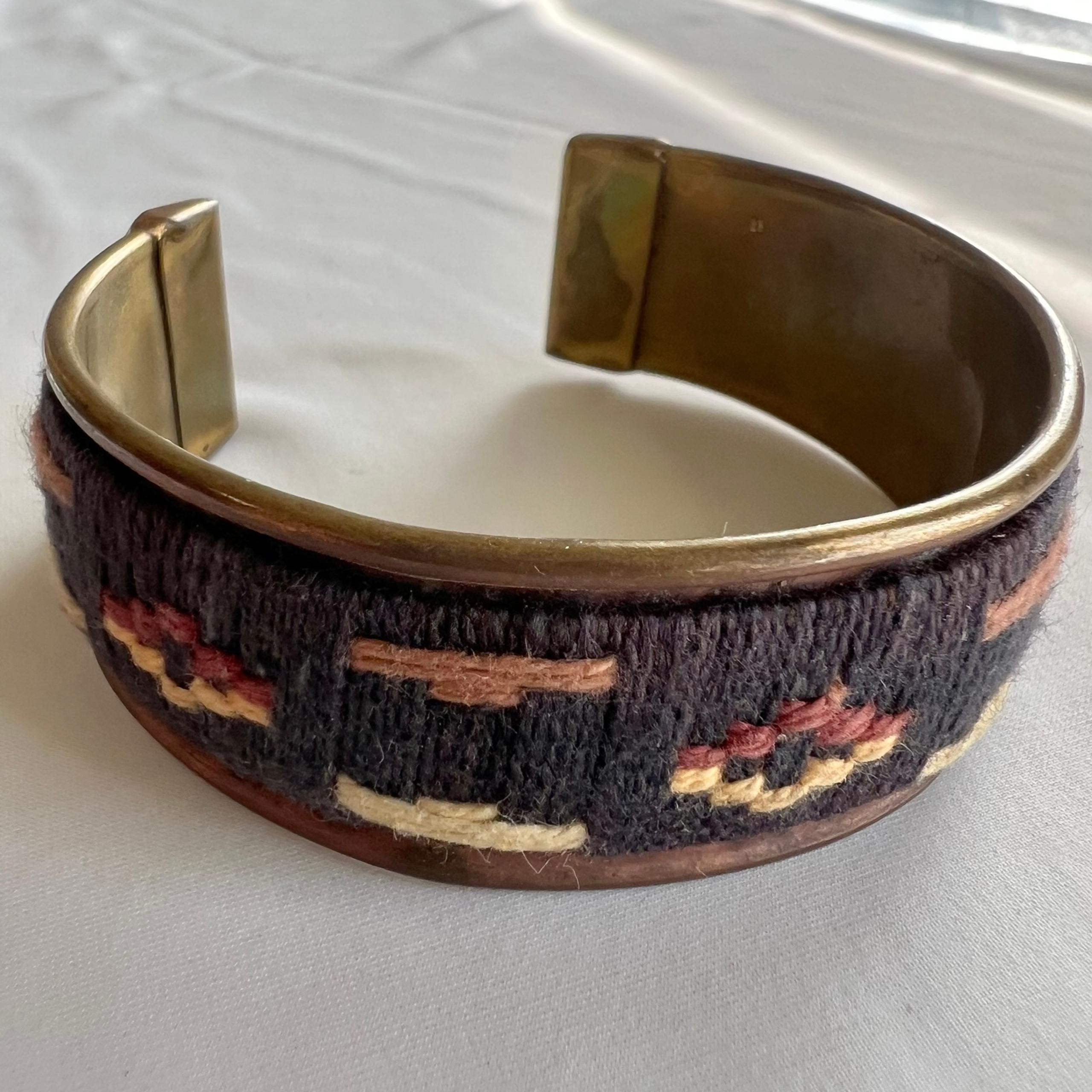 Boho Indie Tribal Brass Tone Black Wool Design Inlay Cuff Bangle Bracelet
