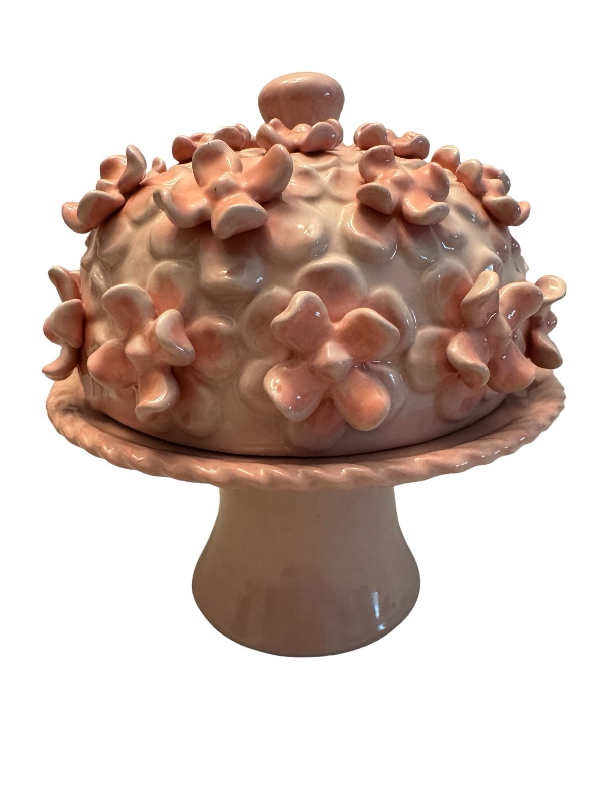 Studio B By Magenta Pink Ceramic 3-D Applied Floral Cake Stand Dome Cover *Flaw