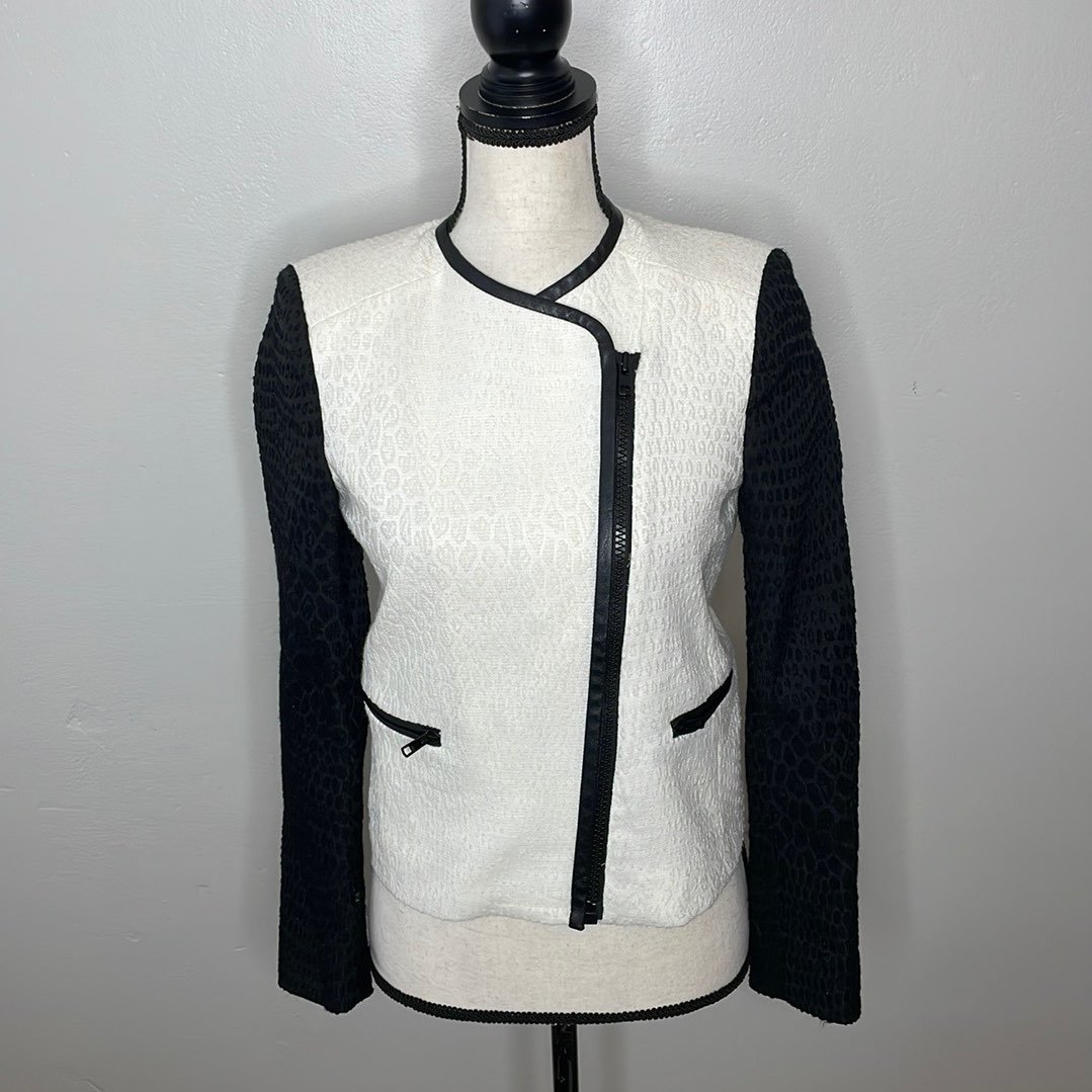 Sandro Paris Colorblock Jacquard Leather trim jacket