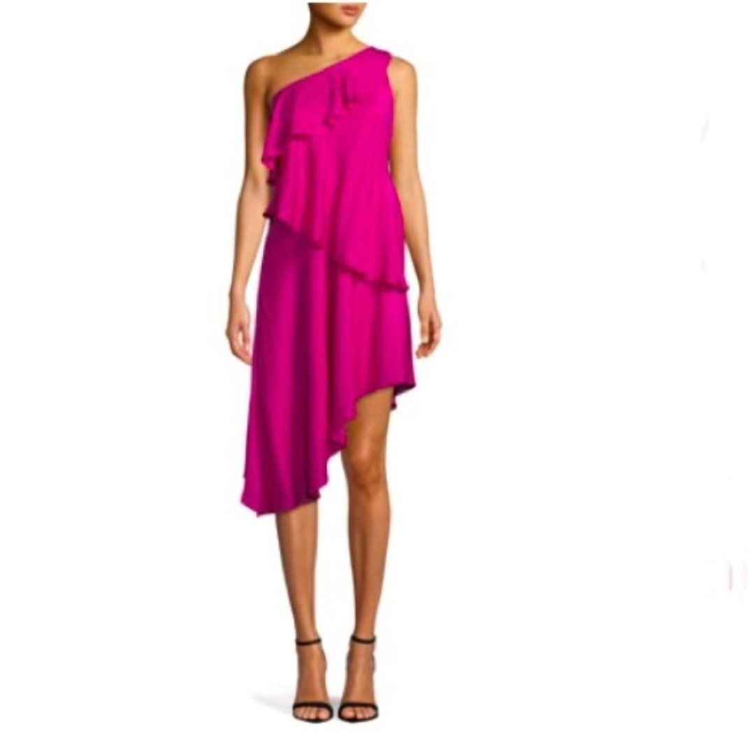 Milly dress Nora One-Shoulder Asymmetric Ruffled Tiered Stretch-Silk Dress sz 6