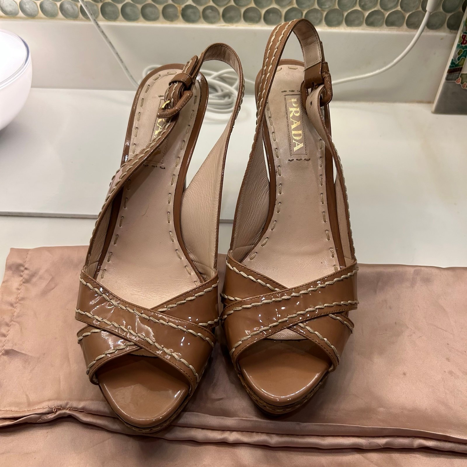 Women's Prada Tan Patent Leather High Heel w/ Open Toes Size 40.5/ US Size 10