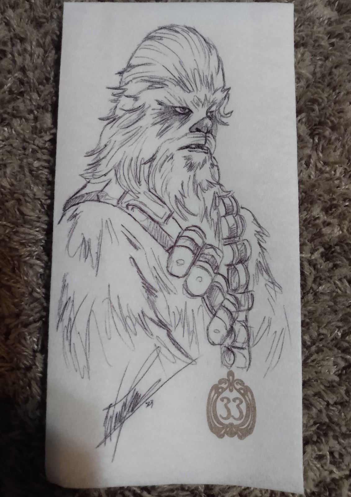 Original Star Wars art of Chewbacca on a Disney club 33 napkin