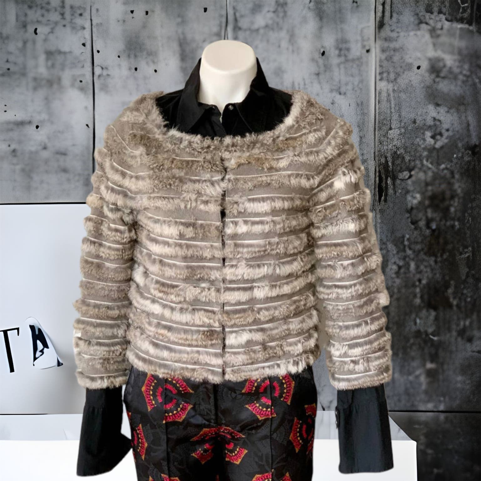 Alice + Olivia Tiered Rabbit Fur and Wool Jacket Size Medium
