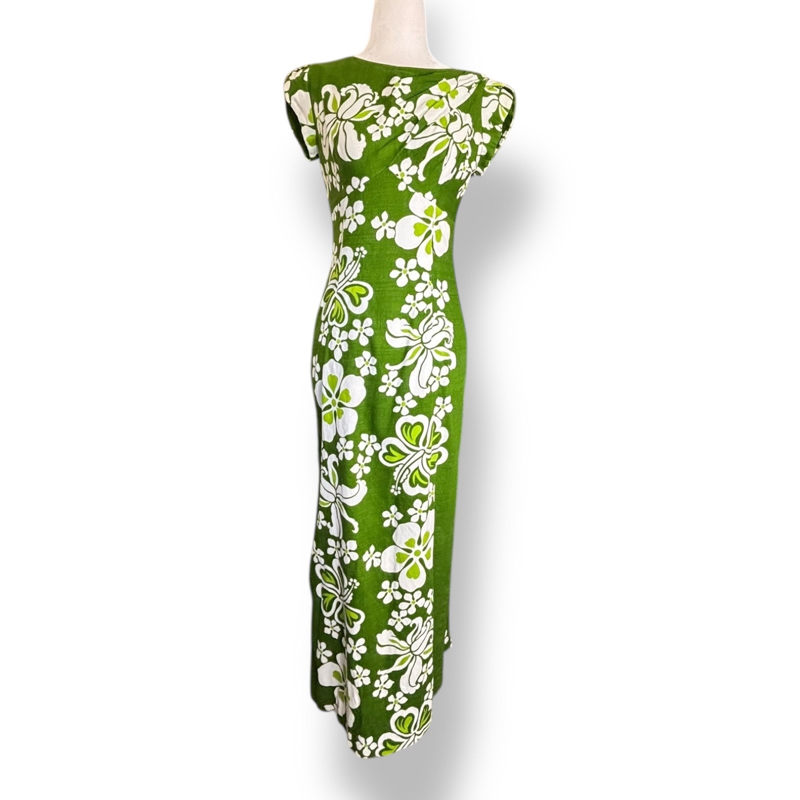 Vintage 60s Sears Hawaii Green Yellow White Floral Maxi Dress Hibiscus Print