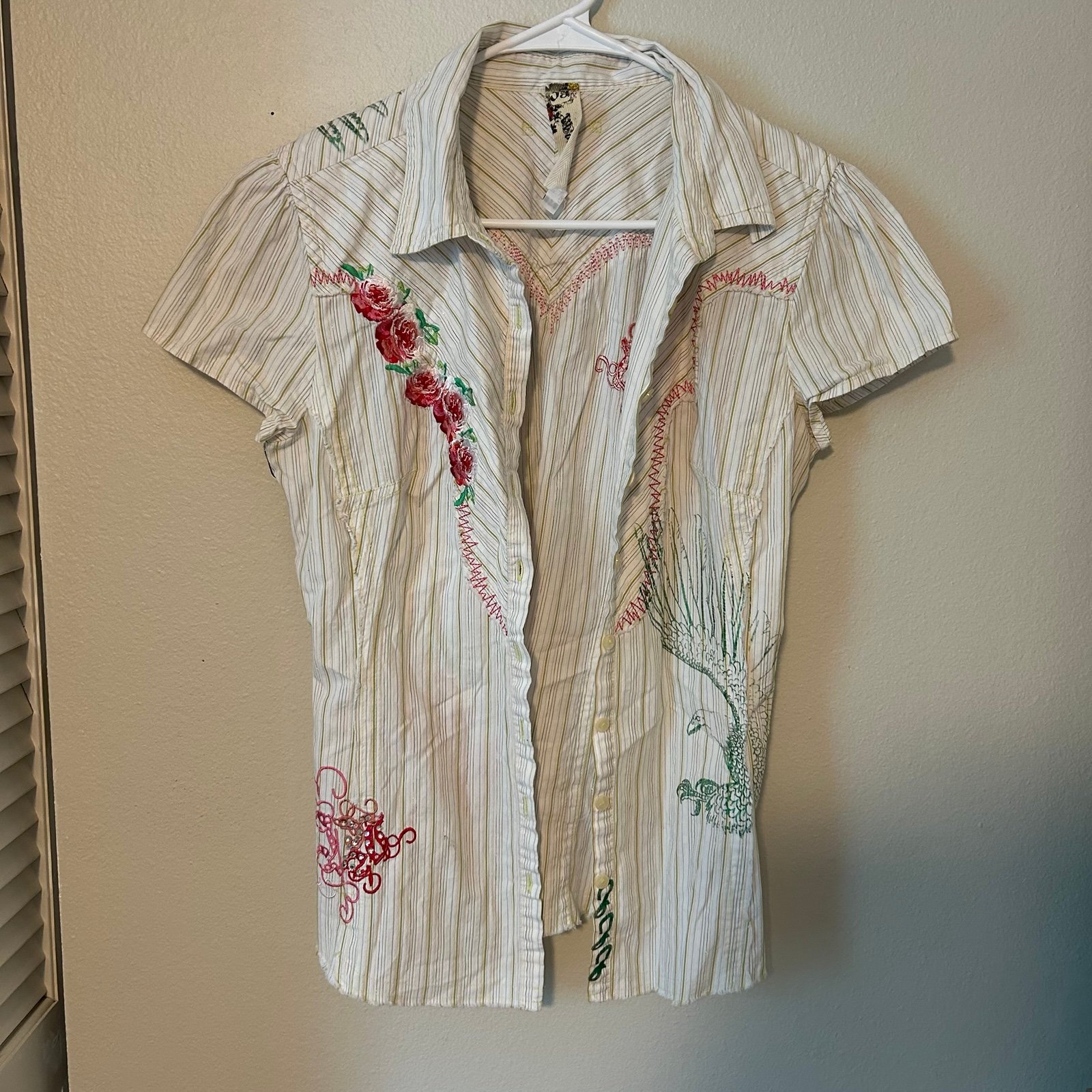 3J Workshop by Johnny Was Embroidered Shirt M Roses Dragon Striped Western Boho