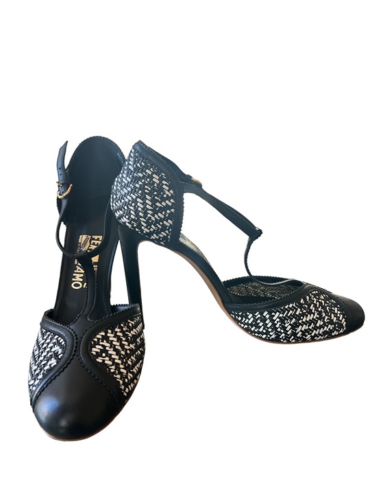 Salvatore Ferragamo Black and White Woven Leather T Strap Pumps US 9.5