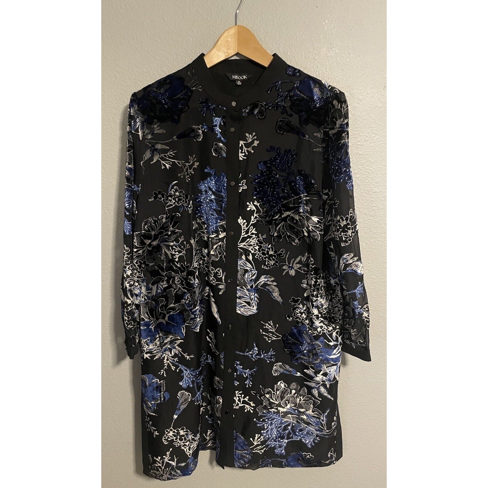 Misook Womens Tunic Medium Black Colorful Velvet Floral Embroidered Oversized