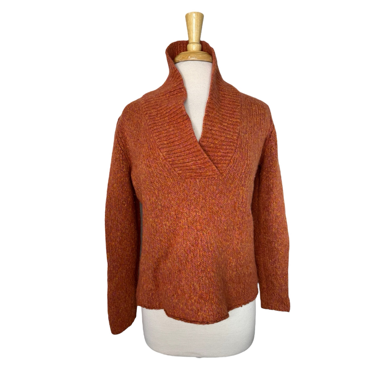 EILEEN FISHER Spice Orange Shawl Collar Merino Wool V-Neck Sweater Size Medium