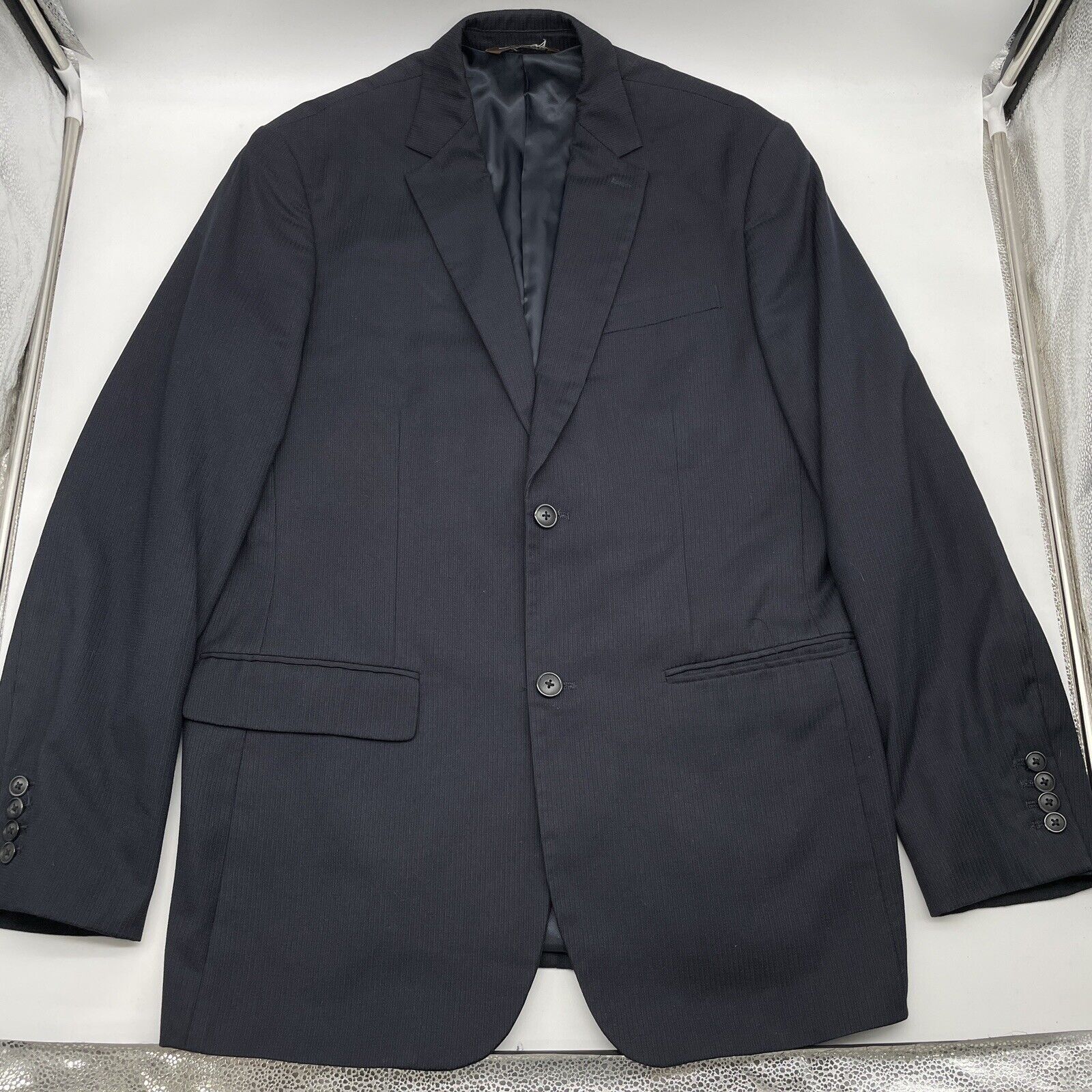 Perry Ellis Classic Fit Black Textured Pinstripe Suit Jacket Blazer Men 43R