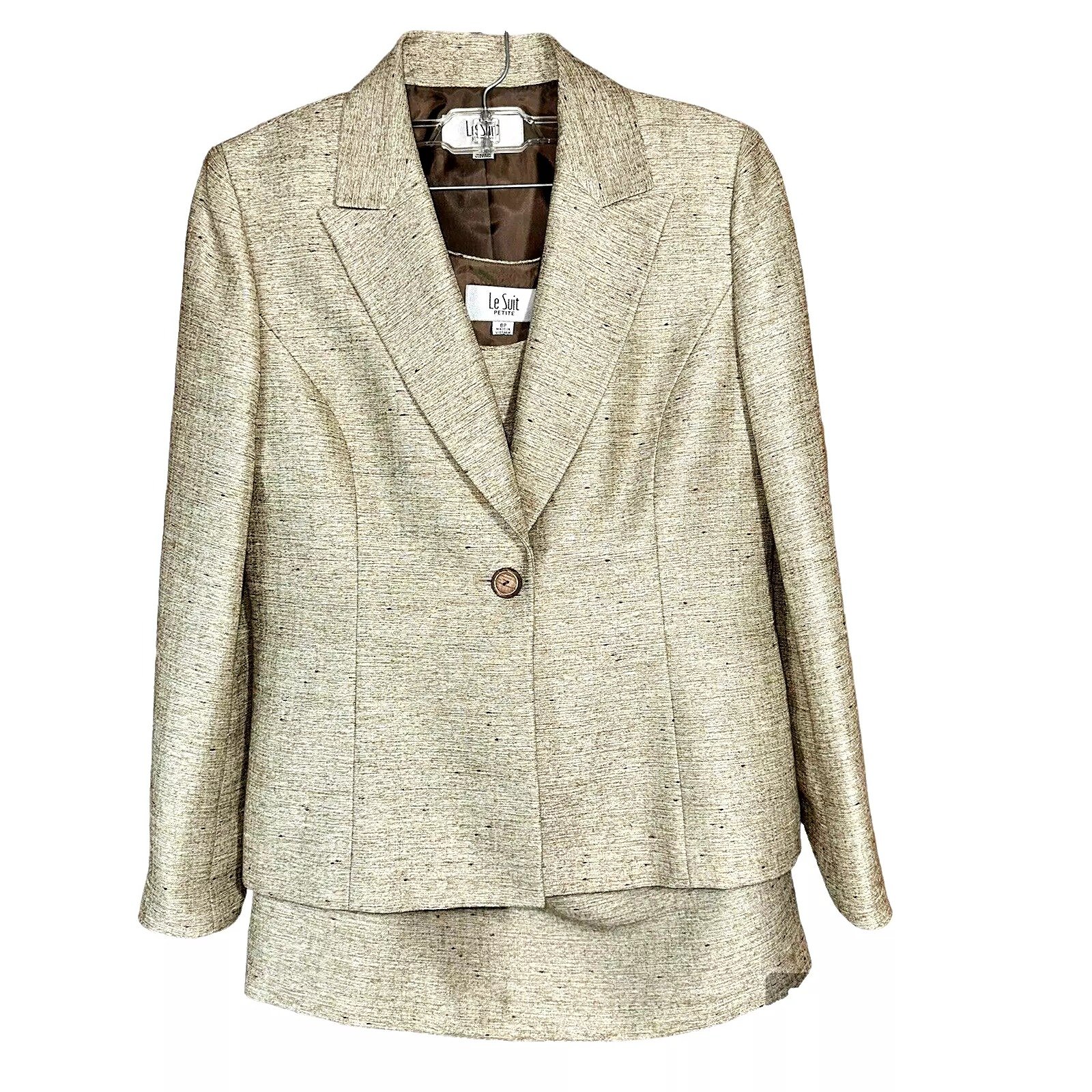 Le Suit Champagne Beige Polyester Blend Lined 3 Piece Jacket Vest Skirt Suit 8P