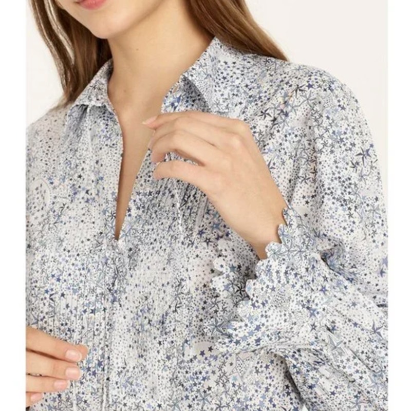J Crew x Liberty London Adelajda Stars Blue Blouse Top Scalloped Size XS/S NWT