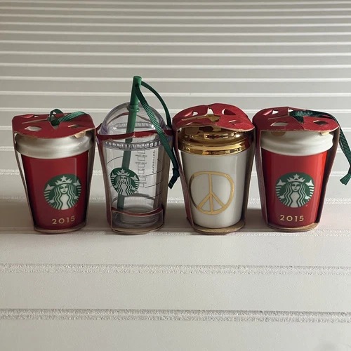 Starbucks Hanging Ornaments Mini Tumblers Lot of 4 Gold 2014 Peace Sign 2015