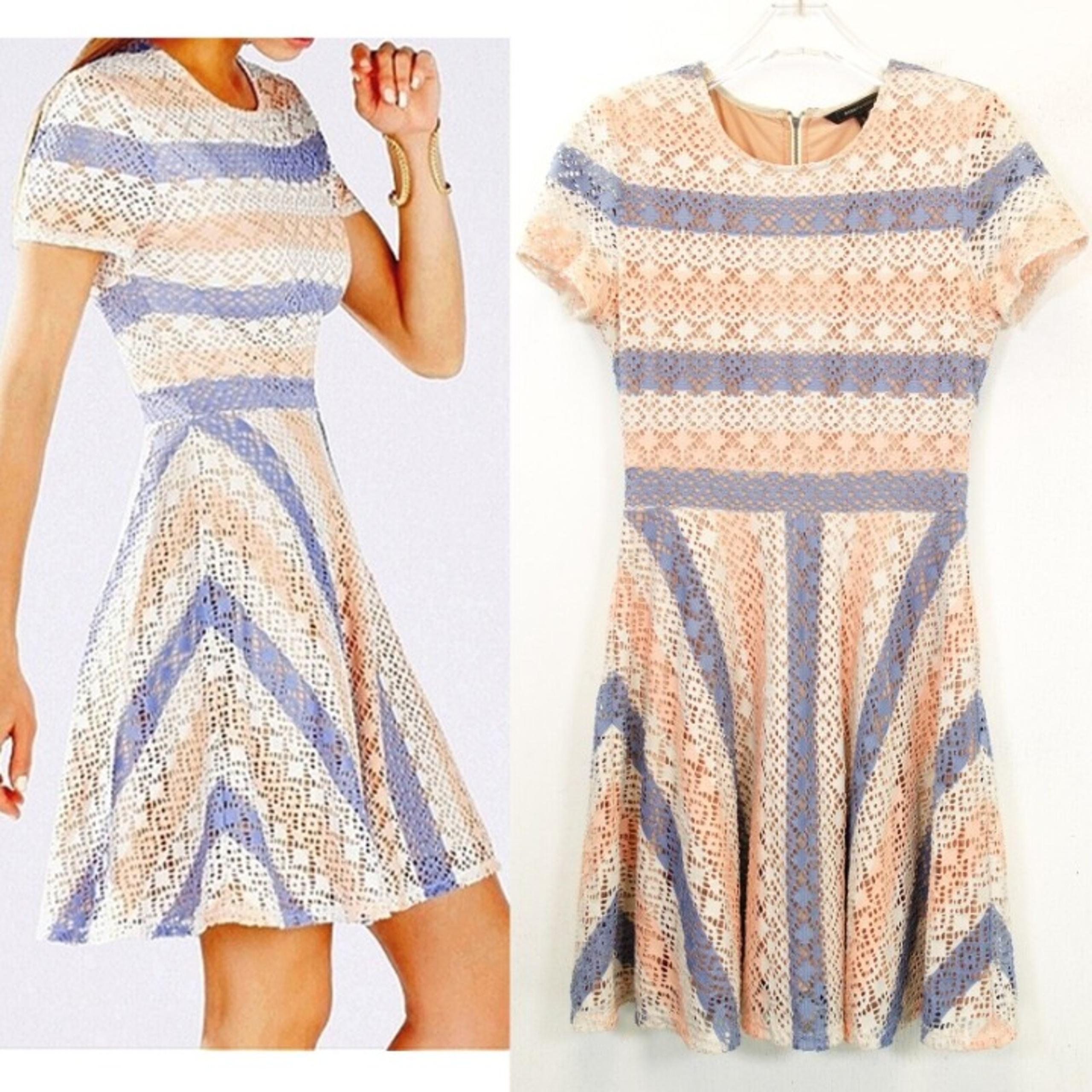 BCBGMAXAZRIA Women Ivory Pink Nude Mini Dress SMALL Short Sleeve Sheer Eyelet