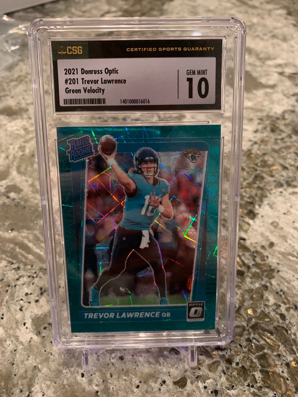 Trevor Lawrence Optic Donruss Rated rookie Green Velocity CSG 10