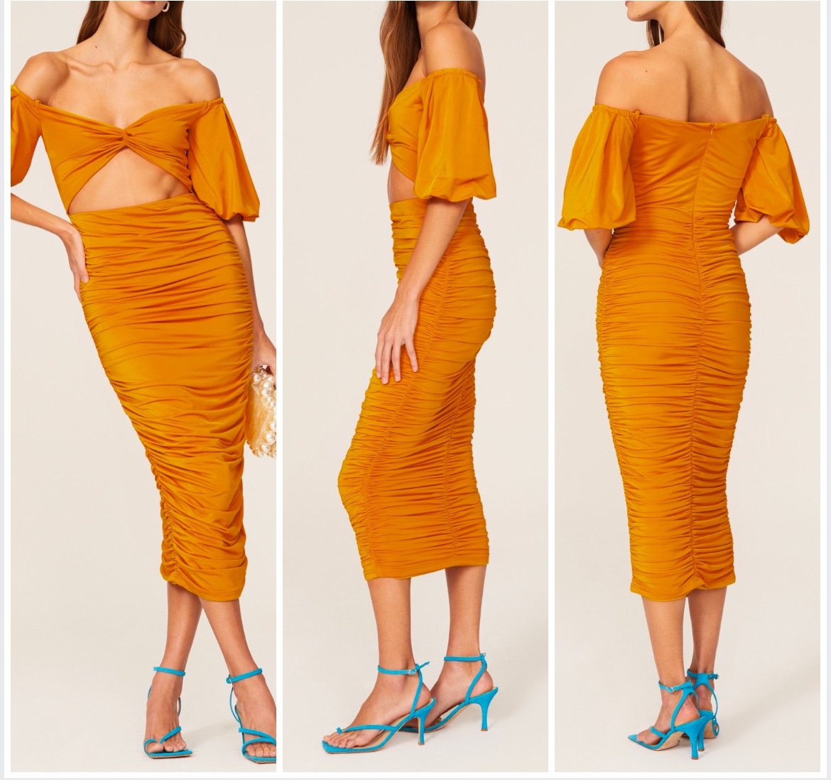 Elle Zeitoune Naira Midi Ruched Dress in Marigold size XS