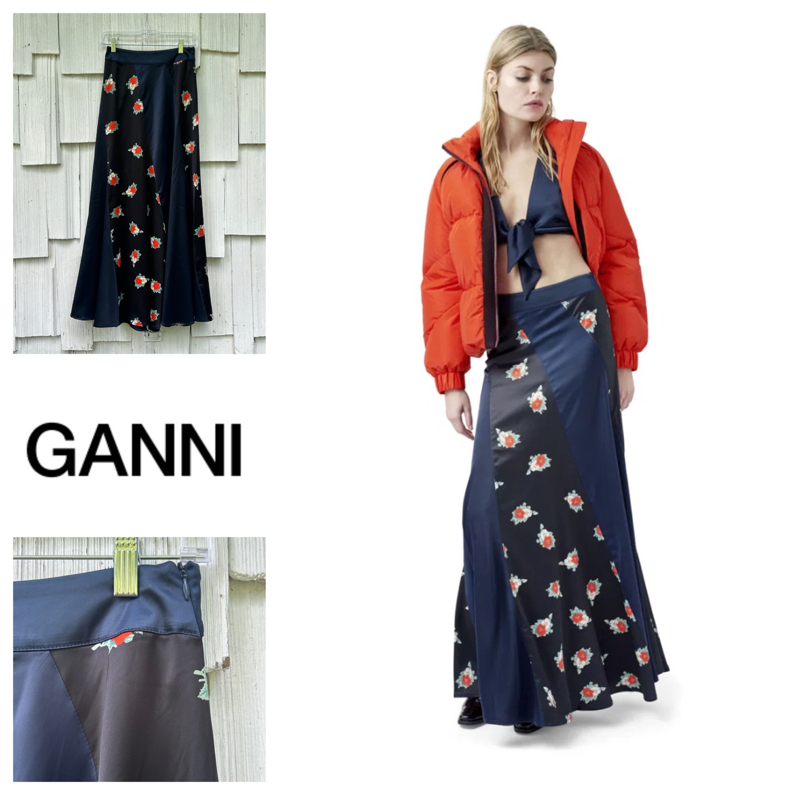 Ganni Glenmore Paneled Floral-print Satin Maxi Skirt US Size 2 NWT