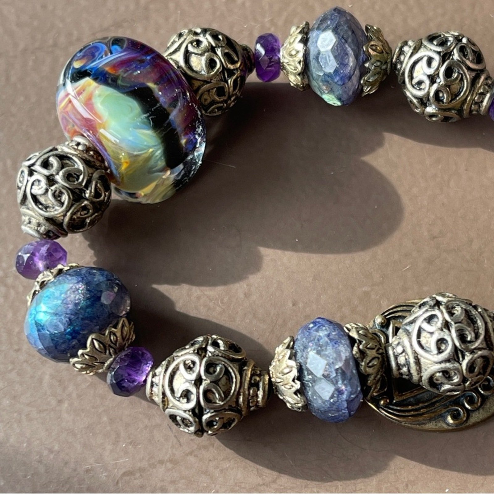 Handmade bracelet-borosilicate glass, amethyst blue labradorite bronze