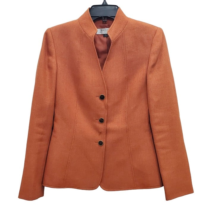 Tahari x Arthur S. Levine Women's Orange Herringbone Button Front Blazer Size 6
