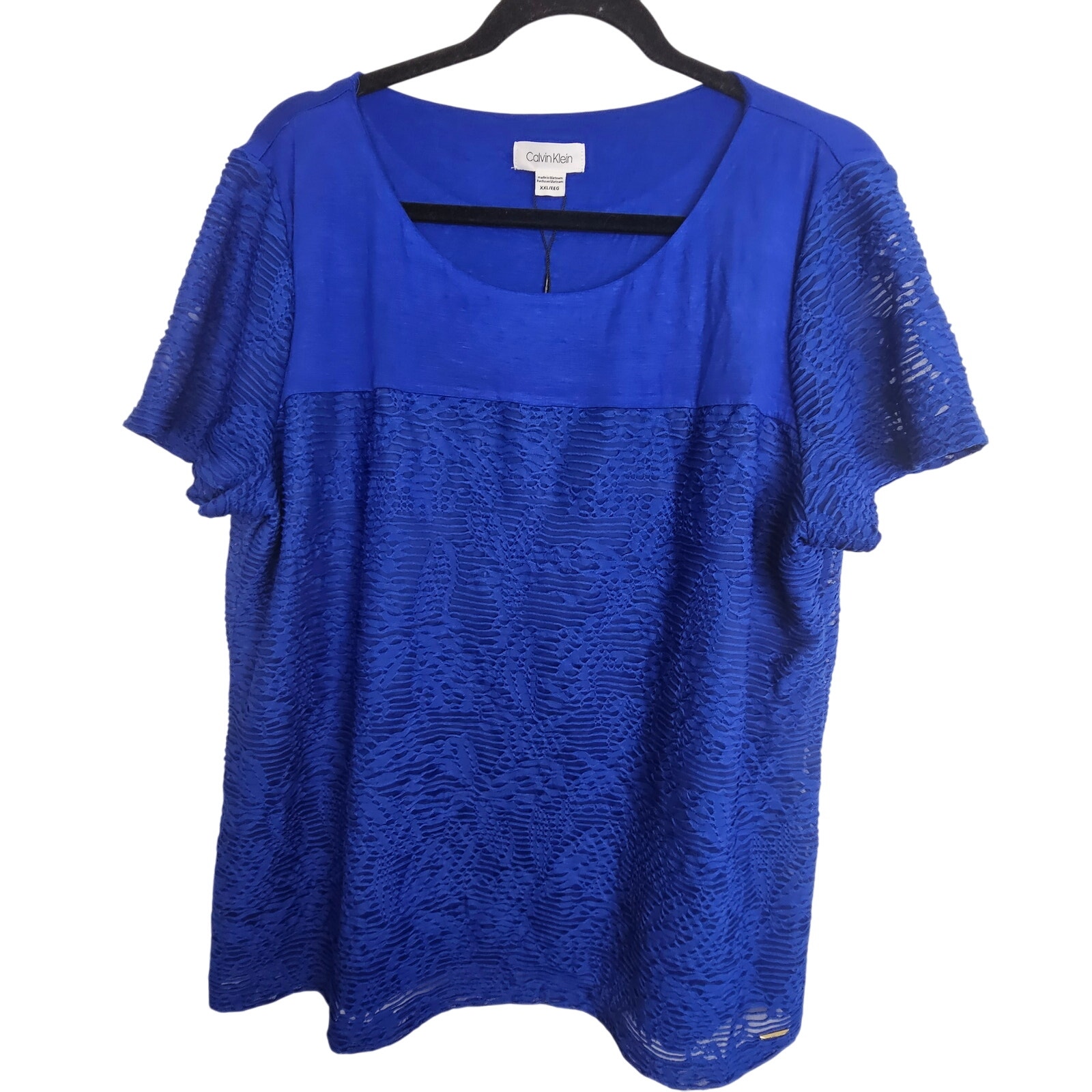 NEW Calvin Klein Blouse Atlast Blue Short Sleeve Pullover Shirt Women XXL Top