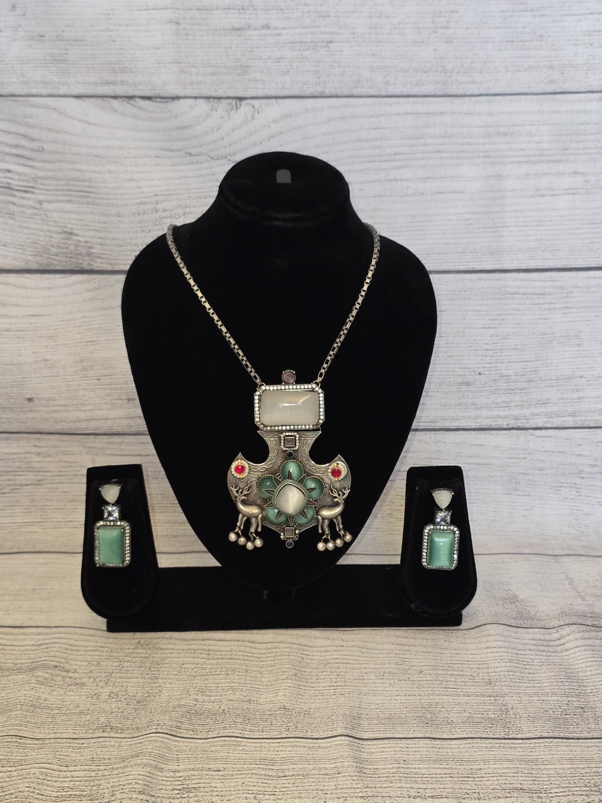 Mint Green Oxidized silver necklace with earrings - Free Shipping