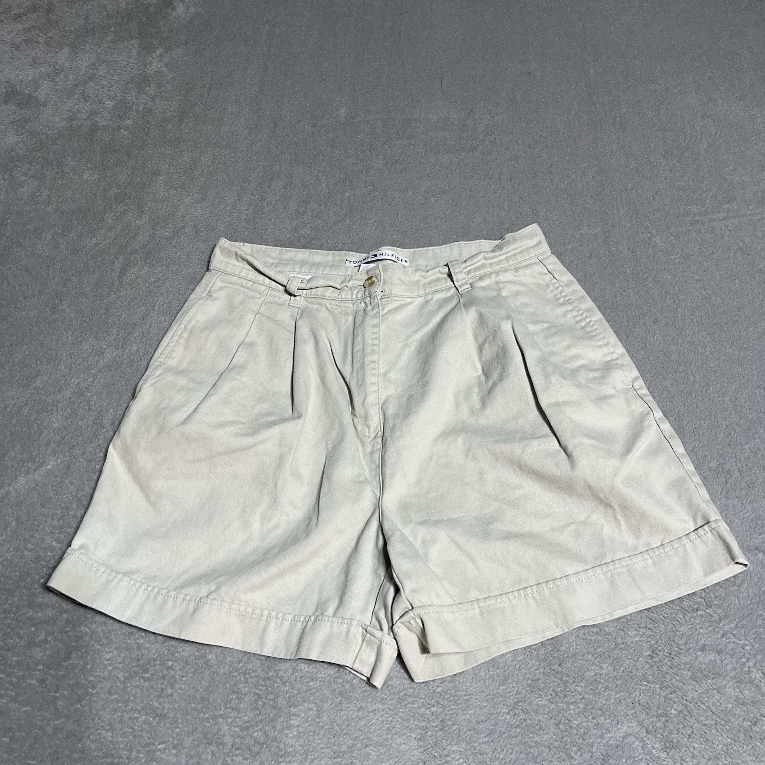 Y2K Tommy Hilfiger Shorts Womens 10 Beige Chino High Waist Pleated Preppy Golf