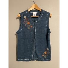 Vintage Blair Womens Vest Small Blue Fall Leaf Embroidered Full Zip Granny 90s