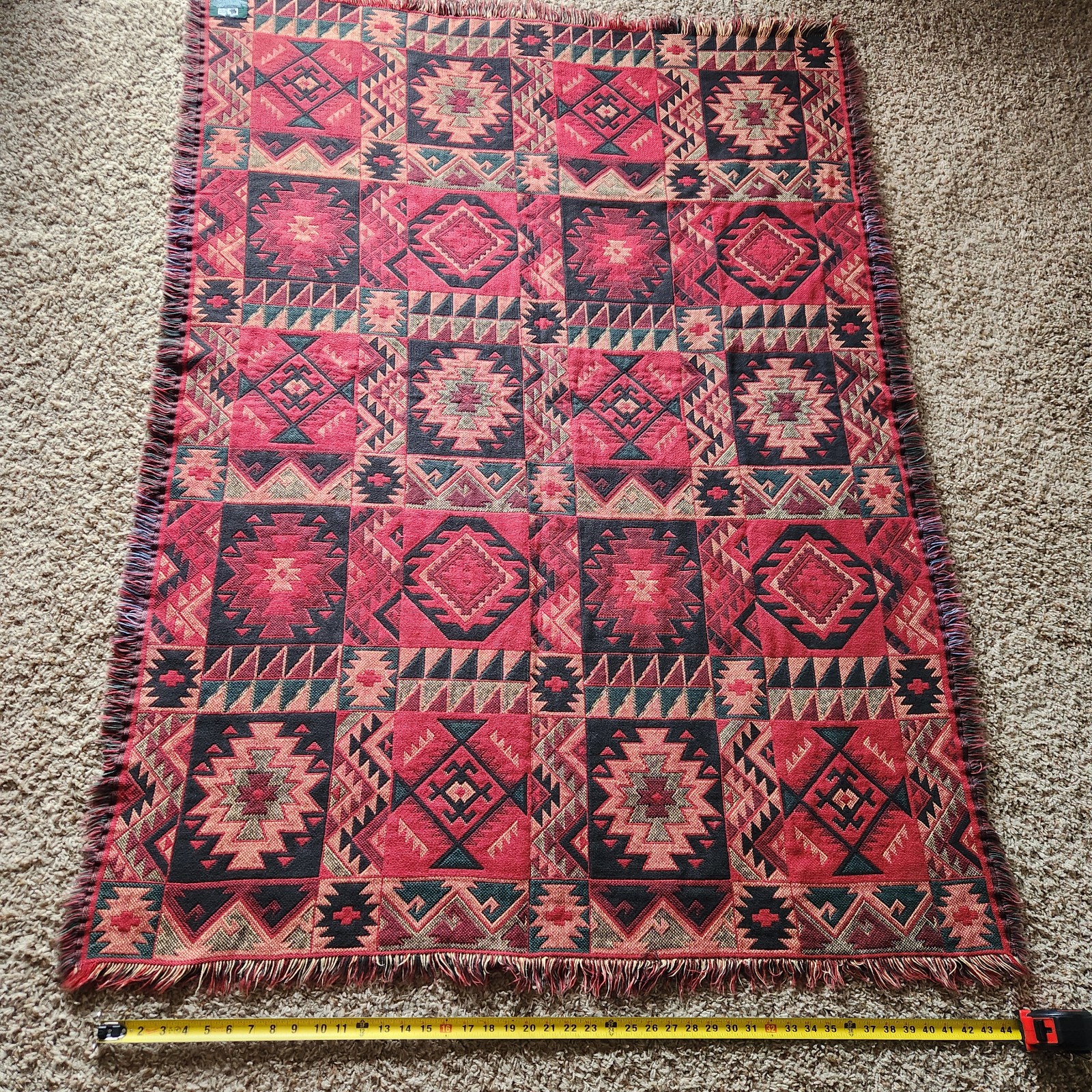 Vintage Goodwin Weavers Blanket 47x63 Red Aztec Southwestern Tapestry