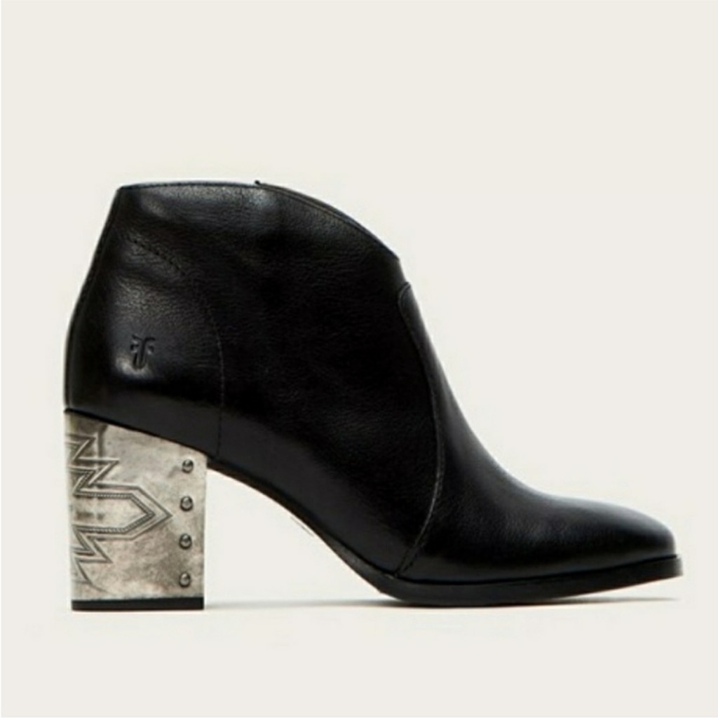 FRYE Nora Omaha Western Ankle Boot Aztec Metal Heel Bootie Black Size 8 1/2