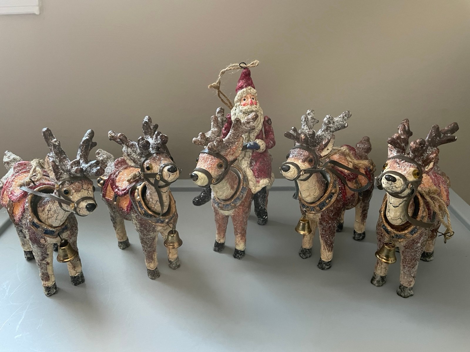 Vintage Bobble Head Reindeer & Santa Christmas Ornament Set