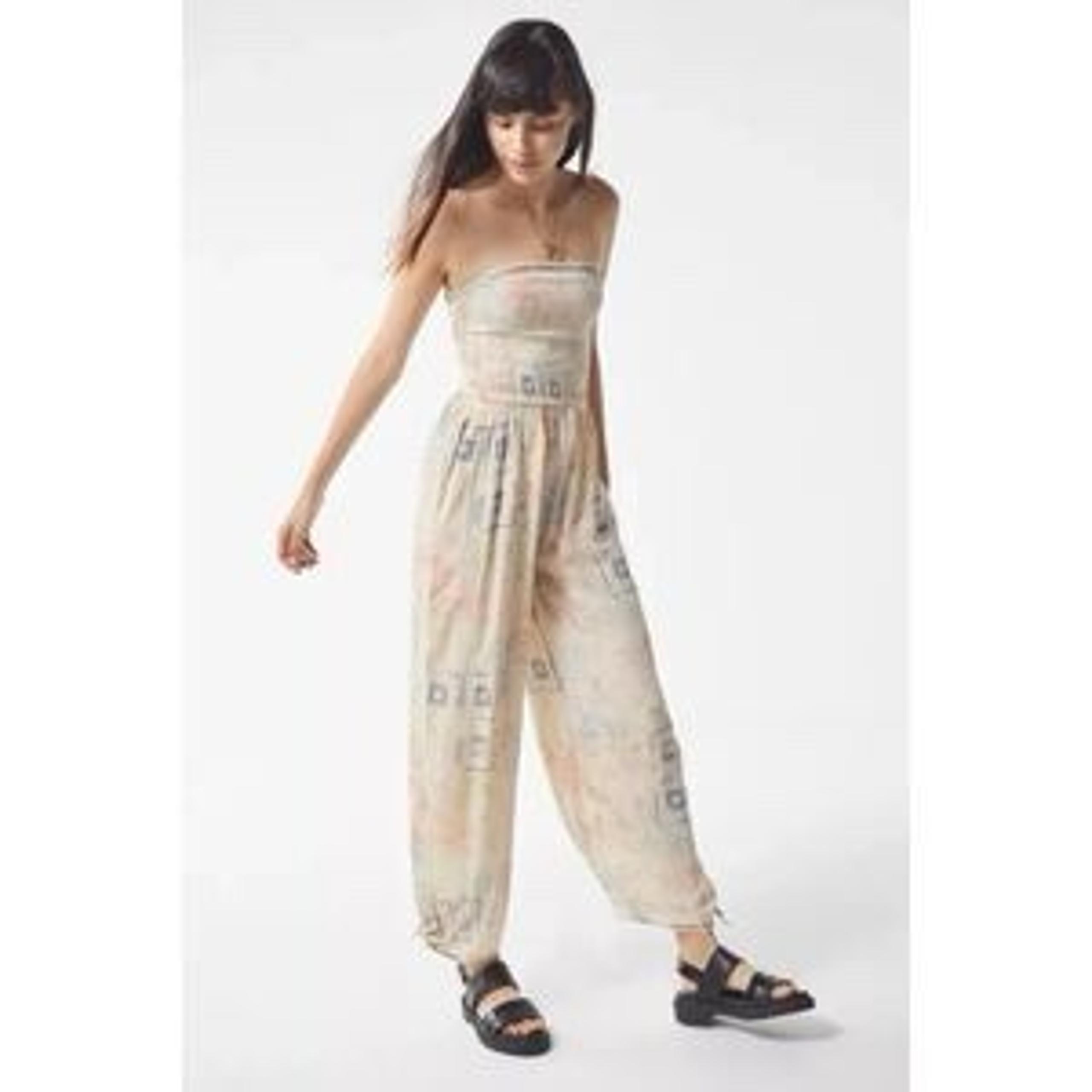 Urban Outfitters Boho Print Tube Smocked Jumpsuit Cream XSmall