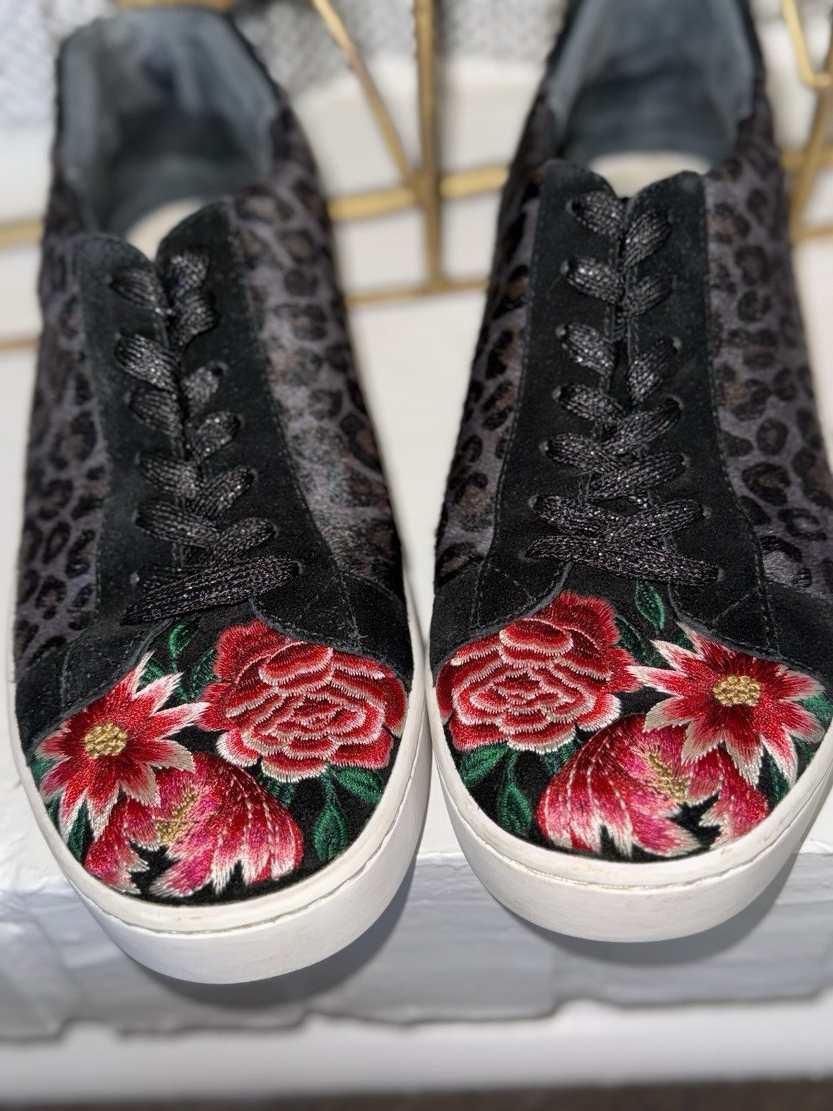 Johnny Was Designer Black Animal Print Leopard Floral Sneaker Size 9