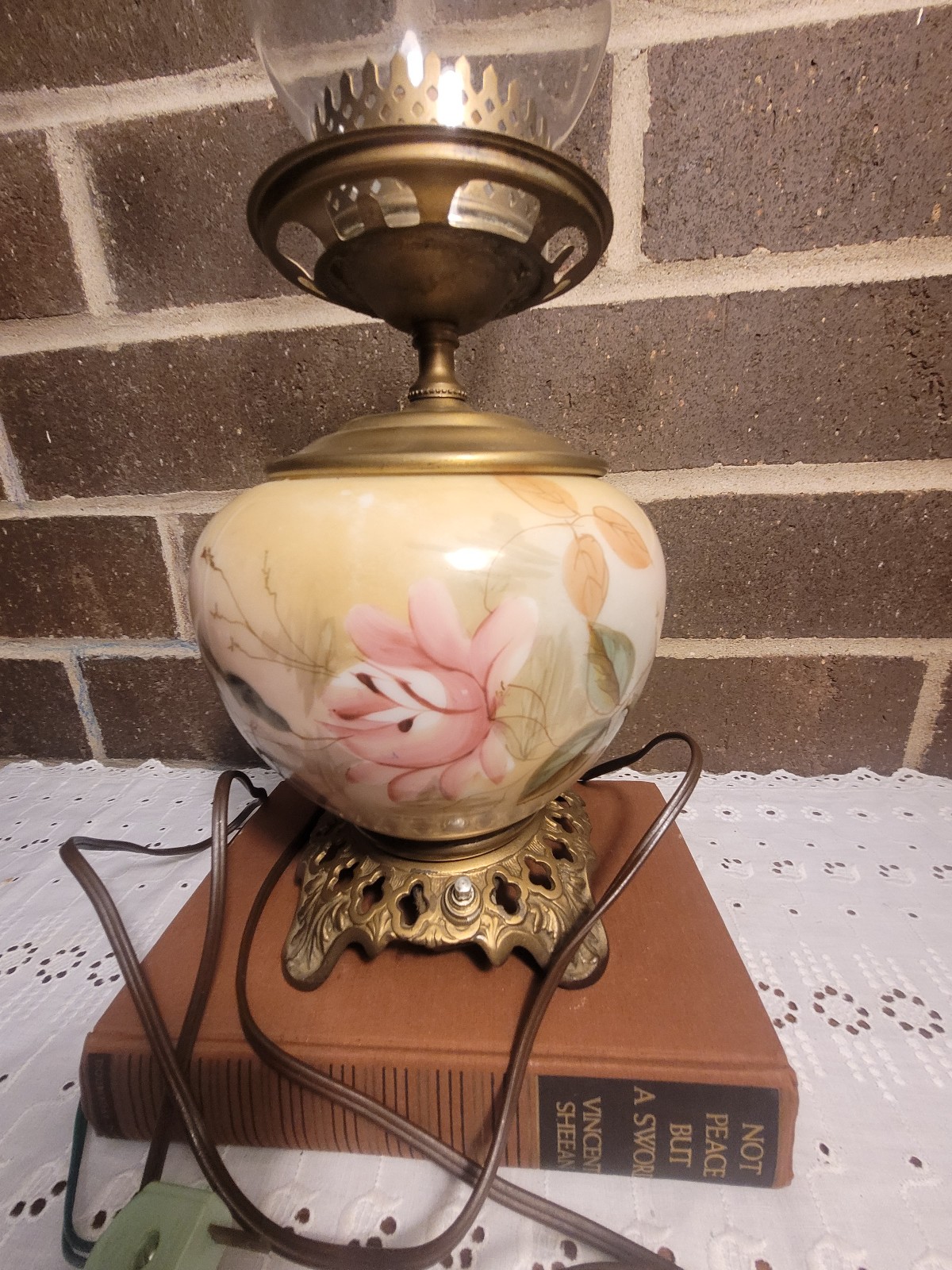 Antique Vintage Hand Painted Glass Floral Lamp Oil Style.corde restored