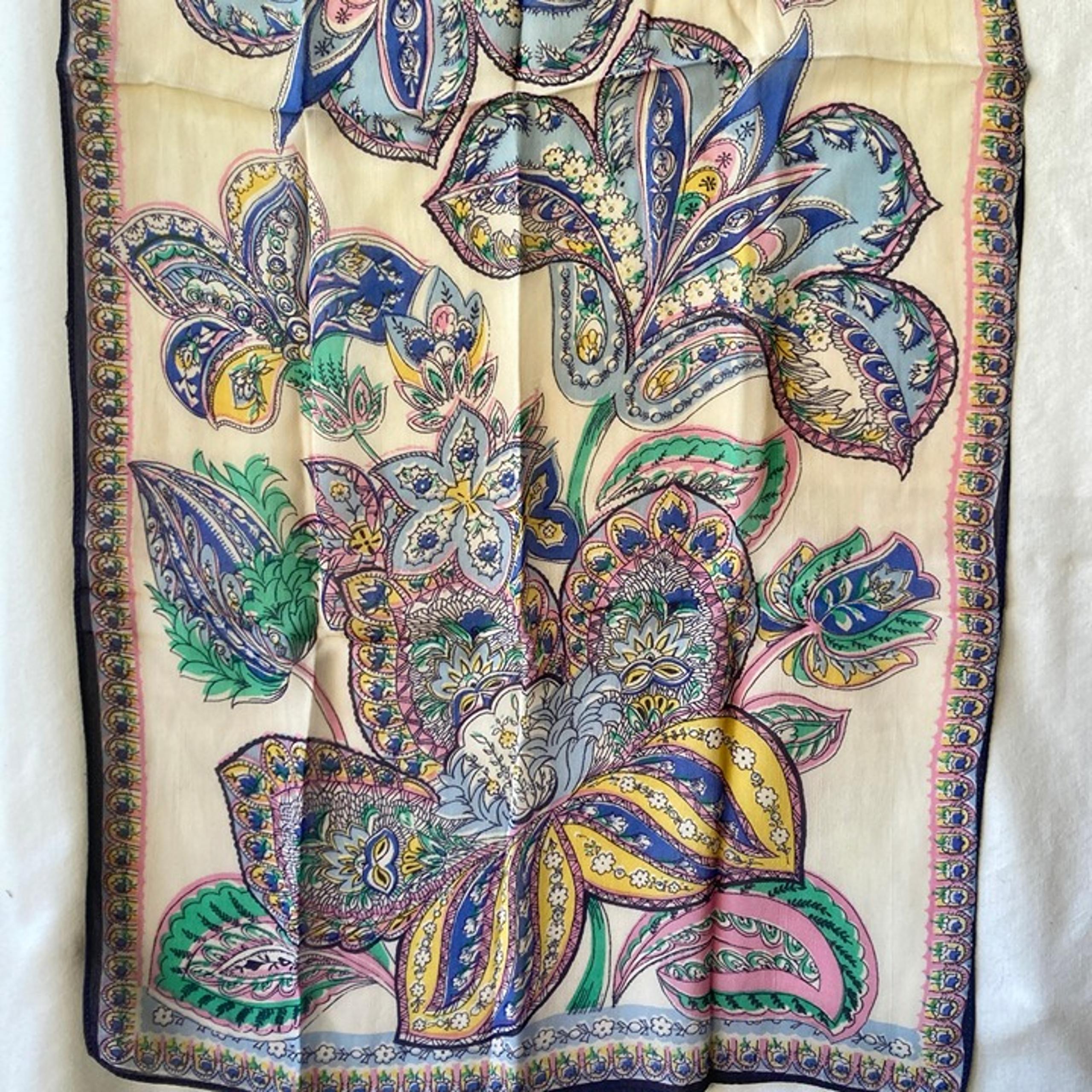 Vintage Scarf Wrap Acetate Chiffon 17" X 38" Mandala Lotus Flower Paisley Blue