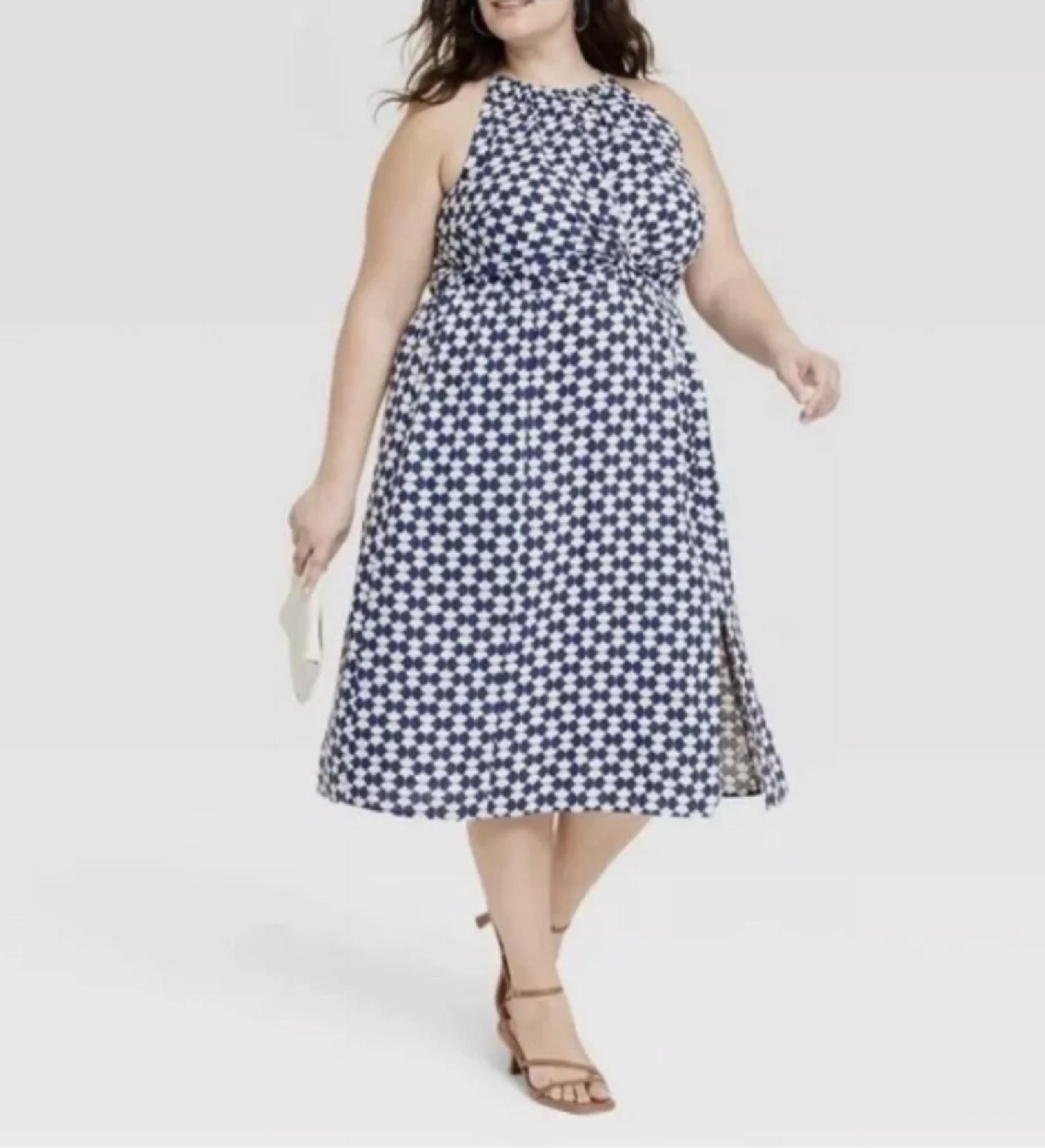 Ava & Viv Blue Women's White Geo Print Linen Rayon Dress Sleveless Halter XXL