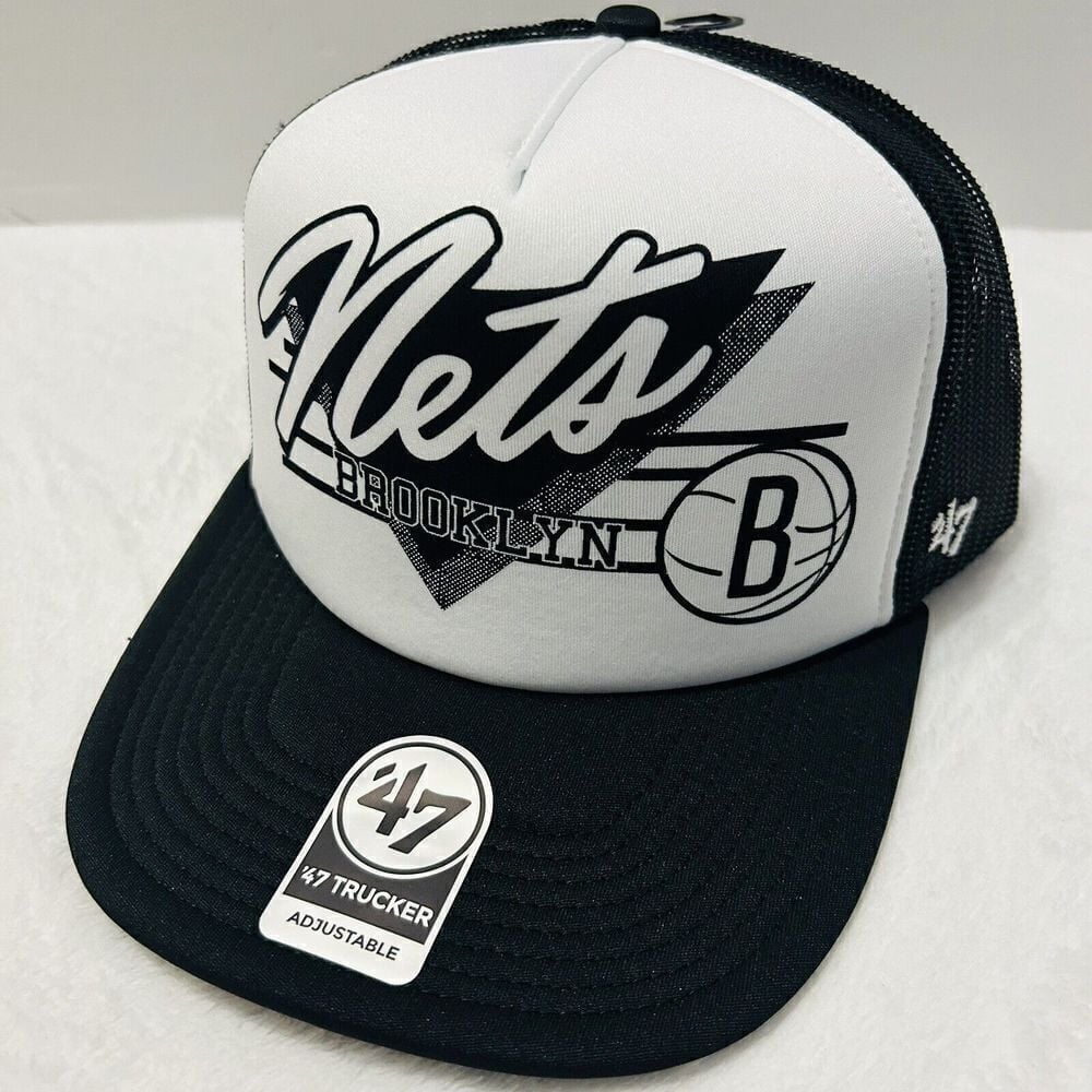 '47 Brand Brooklyn Nets Hang Out Trucker Hat Cap Adjustable Black White Foam