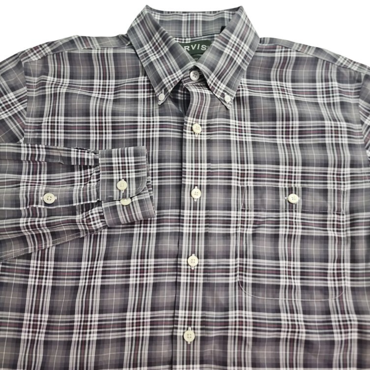Orvis Large Trim Fit 100% Cotton Grey Plaid Button Down Shirt