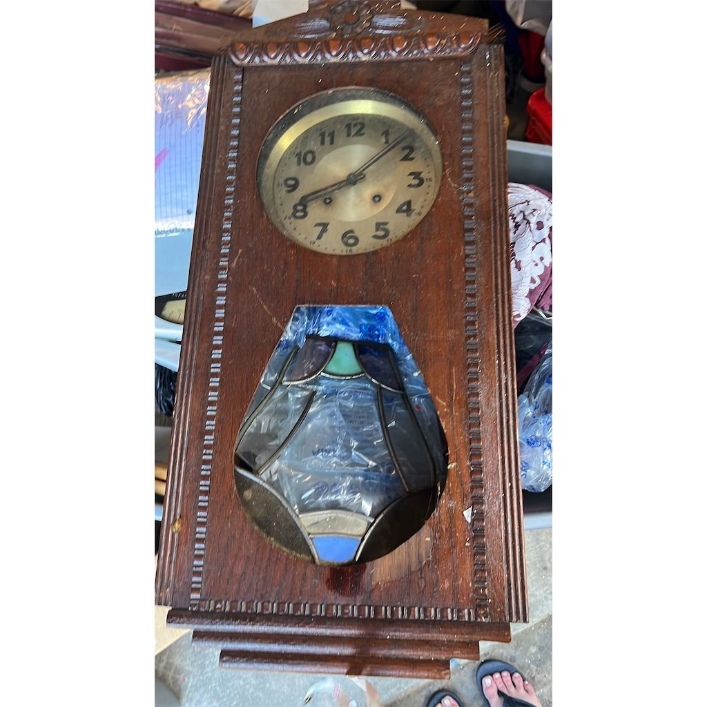 Antique German Regulator Wall Clock with Stained Glass Early 1900s